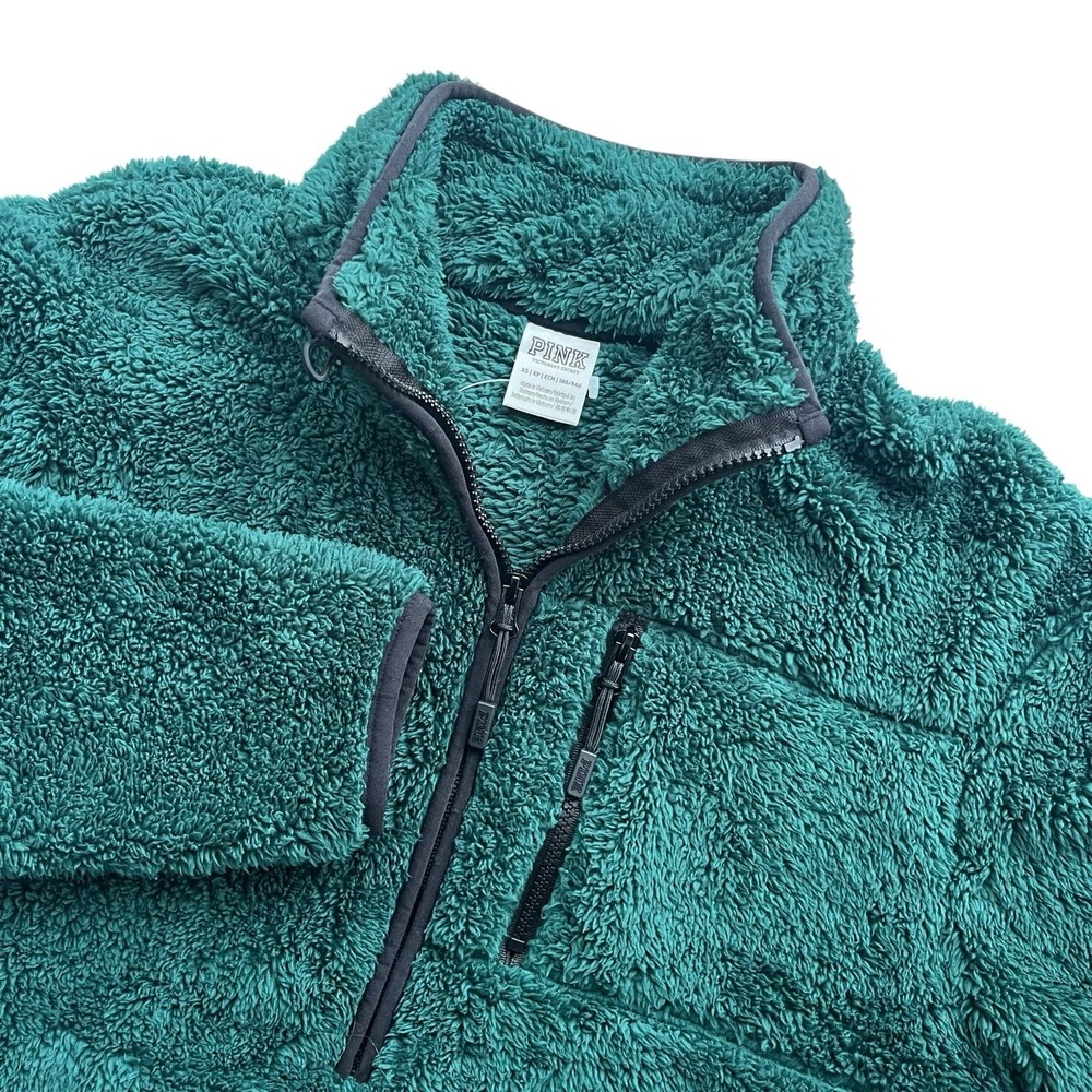 Pink Victorias Secret Women XS Green Plush Teddy Sherpa Fleece 1/2 Zip Up Jacket